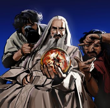  3boys absurdres andrew_lesnie beard black_hair blue_background camera commentary english_commentary facial_hair finger_frame grey_beard grey_hair grey_robe highres holding holding_camera holding_orb jururenu long_beard long_hair looking_at_viewer mature_male multiple_boys orb peter_jackson real_life robe saruman the_lord_of_the_rings tolkien's_legendarium 