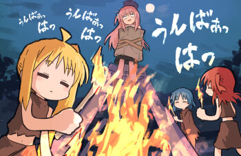  4girls ahoge blank_eyes blonde_hair blue_hair blue_sky bocchi_the_rock! brown_cloak brown_shirt brown_skirt cloak closed_eyes commentary fire full_moon gotoh_hitori highres holding holding_torch ijichi_nijika kessoku_band kita_ikuyo long_hair medium_hair midriff moon multiple_girls navel night one_side_up pink_hair red_hair restrained shirt short_sleeves side_ponytail sidelocks skirt sky torch yamada_ryo yukitake_(bullfalk) 