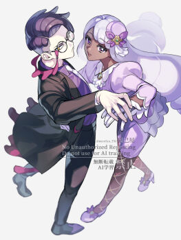  1boy 1girl black-framed_eyewear black_hair black_jacket black_pants closed_mouth collared_shirt commentary_request corbeau_(pokemon) dark-skinned_female dark_skin dress eyewear_strap fishnet_pantyhose fishnets frown full_body glasses gloves highres holding_hands jacinthe_(pokemon) jacket juliet_sleeves long_hair long_sleeves low_drills mega_stone necktie neko_miya nintendo open_clothes open_jacket open_mouth pants pantyhose parted_hair pokemon pokemon_legends:_z-a puffy_sleeves purple_dress purple_eyes purple_hair purple_shirt round_eyewear shirt short_hair short_sideburns sideburns simple_background smile undercut very_dark_skin white_gloves white_necktie yellow_eyes 