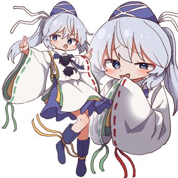  1girl blue_boots blue_eyes blue_hat blue_skirt boots chibi chibi_only commentary full_body hat highres japanese_clothes kariginu korean_commentary long_hair looking_at_viewer magg_(user_mtca8588) mononobe_no_futo multiple_views own_hands_together pom_pom_(clothes) ribbon-trimmed_sleeves ribbon_trim simple_background skirt smug tate_eboshi touhou upper_body white_background white_hair 
