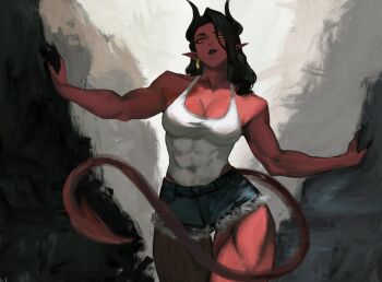  1girl colored_skin demon_girl demon_horns denim denim_shorts dispatch face_piercing highres horns kilem_soft killem_soft malevola_(dispatch) muscular muscular_female nose_piercing nose_ring piercing red_skin shorts solid_eyes solo 