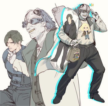  2boys anger_vein bag beard_stubble black_hair black_pants bound cellphone coat commentary_request dakimakura_(object) facial_hair goggles grace_ashcroft grey_hair grin helmet highres holding holding_bag holding_phone holding_pillow korean_commentary large_pectorals leon_s._kennedy male_focus multiple_boys on_(isk1812) pale_skin pants pectorals phone pillow resident_evil resident_evil_requiem selfie smartphone smile star_(symbol) stubble tied_up_(nonsexual) victor_gideon white_coat 