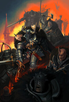  6+boys absurdres armor axe bald banner black_armor blonde_hair blowing_horn burning burning_building chainmail chaos_(warhammer) chaos_undivided_(symbol) empire_(warhammer_fantasy) fake_horns fangs fire fur_trim helmet highres holding holding_axe holding_shield holding_sword holding_weapon horned_helmet horns jyc7707 long_sleeves multiple_boys severed_head shield short_hair skin-covered_horns skull spikes sword topknot warhammer_fantasy warrior_of_chaos weapon 