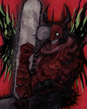  1boy chainsaw chainsaw_devil chainsaw_man commentary_request denji_(chainsaw_man) highres horns idmiydoa intestine_clothing intestines looking_at_viewer male_focus open_mouth pull_cord scarf sharp_teeth simple_background smile solo teeth weapon 