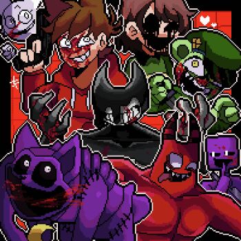  1other 6+boys 9aaaalt29 :d antenna_hair banban_(garten_of_banban) bear_boy bendy bendy_and_the_ink_machine black_border black_mouth black_sclera blank_eyes blood blood_on_face blood_on_hands border brown_hair cat_boy catnap_(poppy_playtime) chara_(undertale) character_request clenched_hand collarbone colored_sclera colored_skin commentary_request copyright_request crossover demon drawstring eddsworld fewer_digits five_nights_at_freddy's flippy_(happy_tree_friends) furry furry_male garten_of_banban gloves green_hat green_shirt green_skin grid_background grin gun hair_behind_ear hair_between_eyes hair_ears handgun happy_tree_friends hat heart highres holding holding_gun holding_weapon hollow_eyes hood hood_down hoodie horns ink liquid_from_eyes long_sleeves looking_at_viewer multiple_boys multiple_crossover official_alternate_eye_color open_mouth outline outside_border pixel_art poppy_playtime puffy_long_sleeves puffy_sleeves purple_skin rayman_limbs red_background red_hoodie red_skin sharp_teeth shirt short_hair simple_background smile striped_clothes striped_shirt teeth tongue tongue_out tord_(eddsworld) trait_connection two-tone_shirt undertale upper_body upper_teeth_only utdr_(toby_fox) very_short_hair weapon white_eyes white_gloves white_outline william_afton yellow_eyes yellow_shirt 