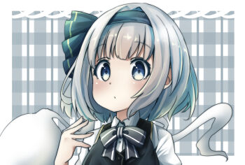  1girl alternate_color black_bow black_bowtie black_hairband black_vest blush bow bow_hairband bowtie closed_mouth collared_shirt commentary_request dot_mouth grey_eyes grey_hair hairband konpaku_youmu konpaku_youmu_(ghost) pegashi plaid_background puffy_short_sleeves puffy_sleeves raised_eyebrows shirt short_hair short_sleeves solo surprised touhou upper_body vest white_shirt 
