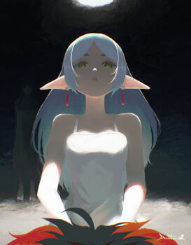  1boy 2girls black_hair breasts caught dreamoon-q earrings elf fern_(sousou_no_frieren) frieren green_eyes grey_hair highres jewelry long_hair medium_breasts multicolored_hair multiple_girls nightgown pointy_ears red_hair sousou_no_frieren stark_(sousou_no_frieren) two-tone_hair white_nightgown  rating:Sensitive score:0 user:doopaboop