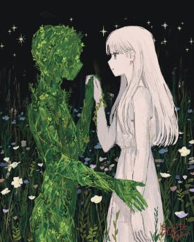  1boy 1girl absurdres blue_eyes closed_mouth colored_skin commentary_request dot_mouth dress faceless faceless_male from_side grass highres holding_hands long_hair looking_at_another monster_boy original plant_boy profile sparkle standing sugita_magari white_dress white_hair white_skin 