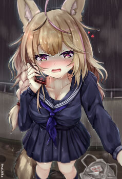  1girl ahoge animal_ear_fluff animal_ears aogami_high_school_uniform bag black_hair black_sailor_collar black_serafuku black_shirt black_skirt black_socks blonde_hair blue_neckerchief blush braid breasts calling cellphone commentary_request ebiko_yaki facial_mark feet_out_of_frame fox_ears fox_girl fox_tail hair_over_shoulder heart heart-shaped_pupils highres holding holding_phone hololive hololive_error long_hair looking_at_viewer medium_breasts miniskirt multicolored_hair neckerchief night omaru_polka open_mouth outdoors phone pink_hair pleated_skirt purple_eyes rain sailor_collar school_uniform serafuku shirt side_braid single_braid skirt smartphone socks solo standing streaked_hair symbol-shaped_pupils tail twitter_username virtual_youtuber watermark wet yandere 