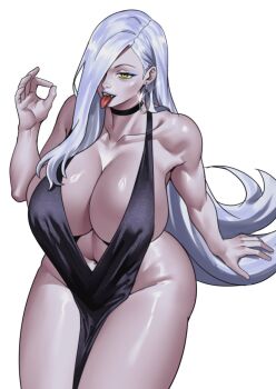  1girl alternate_costume arm_support black_choker black_dress blue_lips choker commentary dress earrings english_commentary evening_gown eyeliner fate/grand_order fate_(series) grey_dress hair_behind_ear hair_over_one_eye hoop_earrings jewelry long_hair makeup mrs._snake_(fate) navel open_mouth pelvic_curtain plunging_neckline revealing_clothes simple_background sitting solo tongue tongue_out very_long_hair white_background white_hair yellow_eyes zinfian 