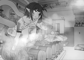  1girl arknights breasts censored censored_nipples clothes_lift convenient_censoring eunectes_(arknights) gloves hanging_breasts large_breasts monochrome no_bra noiimad shirt_lift snake_tail solo steam steam_censor sweat tail  rating:Questionable score:18 user:Crazy-Ant