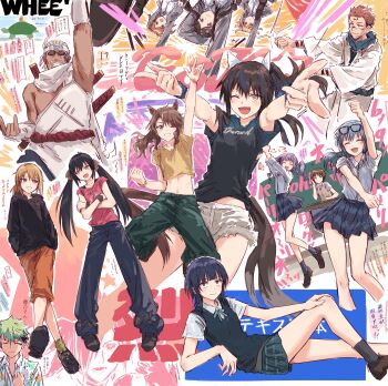  3boys 6+girls ;d aijo_karen animal_ears asahi_rokka asaka_karin bad_id bad_twitter_id bang_dream! bang_dream!_girls_band_party! black_hair black_hoodie black_pants black_shirt black_sweater_vest blonde_hair blue_hair blue_skirt blue_streaks brown_hair character_request clenched_teeth closed_mouth collared_shirt copyright_request crossed_arms daiba_nana daitaku_helios_(umamusume) dancing dark-skinned_male dark_skin dress_shirt facial_mark green_eyes green_hair green_pants green_ribbon green_skirt grin highres hood hoodie horse_ears horse_girl idolmaster idolmaster_cinderella_girls jujutsu_kaisen killer_bee looking_at_viewer love_live! love_live!_nijigasaki_high_school_idol_club matoba_risa mejiro_palmer_(umamusume) midriff midriff_peek miniskirt multicolored_hair multiple_boys multiple_girls naruto_(series) naruto_shippuuden neck_ribbon one_eye_closed open_mouth orange_pants pants pink_hair pink_shirt plaid_clothes plaid_skirt pleated_skirt ponytail reclining ribbon ryoumen_sukuna_(jujutsu_kaisen) school_uniform seisho_music_academy_school_uniform shirt short_hair short_shorts short_sleeves shorts shoujo_kageki_revue_starlight skirt smile snail streaked_hair summer_uniform sweater_vest teeth tendo_maya toyama_asuka translation_request turtle twintails uchiha_madara udagawa_ako umamusume v-shaped_eyebrows white_shirt white_shorts yellow_eyes yukitake_(bullfalk) yuuki_haru 