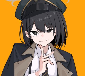  1girl black_eyes black_hair black_jacket black_nails black_necktie blue_archive bright_pupils brown_halo collared_shirt commentary diagonal-striped_clothes diagonal-striped_necktie finger_to_own_chin green_hat halo hat highres hiromi_(blue_archive) jacket jacket_on_shoulders looking_at_viewer nail_polish necktie open_clothes open_jacket peaked_cap portrait raised_eyebrow shirt short_hair simple_background solo straight-on striped_clothes striped_necktie suspenders tinkie upper_body vertical-striped_clothes white_pupils white_shirt yellow_background 