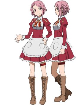  2girls adachi_shingo anime_coloring apron belt boots bow breasts brown_boots collared_dress dress freckles frilled_apron frilled_dress frills from_side full_body hair_ornament hairclip hand_on_own_hip head_tilt knee_boots lisbeth_(sao) long_sleeves looking_at_viewer medium_breasts multiple_girls multiple_views official_art open_hand palms pink_hair puffy_long_sleeves puffy_sleeves red_bow red_dress red_eyes short_hair simple_background smile spread_fingers standing striped_bow sword_art_online thigh_belt thigh_strap thighs transparent_background waist_apron waitress white_apron wrist_cuffs 