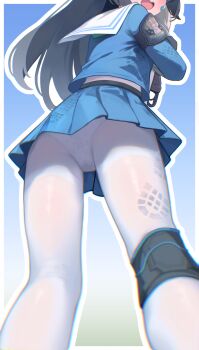  1girl absurdres armband ass black_hair blue_archive blue_background blue_serafuku blue_shirt blue_skirt blush chromatic_aberration commentary_request footprints from_behind from_below gradient_background green_background head_out_of_frame heart heart_panties heart_print highres hugging_object knee_pads kohaku_rinne loli long_hair long_sleeves miniskirt miyu_(blue_archive) open_mouth panties panties_under_pantyhose pantyhose pantyshot pleated_skirt print_panties sailor_collar school_uniform serafuku shirt simple_background single_knee_pad skirt solo thighband_pantyhose thighhighs thighs underwear upskirt white_panties white_pantyhose white_sailor_collar  rating:Questionable score:122 user:danbooru