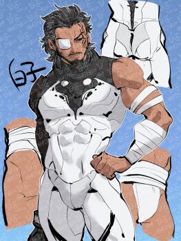  1boy ass bara beard character_request chinstrap_beard cowboy_shot dark-skinned_male dark_skin eyepatch facial_hair fundoshi highres japanese_clothes light_frown looking_down male_focus mature_male medium_hair midriff_sarashi multiple_views muscular muscular_male mustache pencil_mustache sarashi shirako_(kirupi) standing thick_eyebrows too_many_watermarks veins veiny_arms watermark 