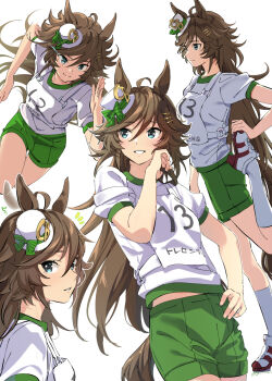  1girl ahoge animal_ears blouse bow brown_hair commentary_request cowboy_shot ear_wiggle eye_trail floating_hair green_bow green_eyes gym_shirt gym_shorts gym_uniform hair_ornament hairpin hand_on_own_hip hat highres horse_ears horse_girl horse_tail kneehighs light_trail long_hair looking_at_viewer mini_hat mini_top_hat mr._c.b._(umamusume) numbered running running_shoes shirt shorts simple_background smile socks solo split_mouth stretching sweat tail taromarun top_hat training twitter_username umamusume white_background white_hat white_shirt wiping_face wiping_sweat  rating:General score:10 user:borgo42