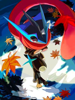  1other alternate_color autumn_leaves crossed_arms frog gen_6_pokemon greninja highres leaf long_tongue mega_greninja mega_pokemon ninja nintendo pokemon pokemon_(creature) pokemon_focus red_eyes sayonalatios shiny_pokemon shuriken solo tongue tongue_scarf very_long_tongue weapon 