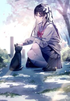  1girl absurdres animal black_cat black_hair black_sailor_collar black_shoes black_skirt blue_eyes blurry blurry_background bow bowtie cat closed_mouth commentary_request day depth_of_field from_side full_body grey_shirt grey_socks highres kneehighs koohii_mikan loafers long_hair long_sleeves original outdoors petting pink_bow pink_bowtie pleated_skirt sailor_collar school_uniform serafuku shirt shoes skirt slice_of_life socks solo squatting straight_hair tree tree_shade 