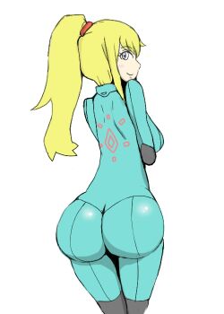  1girl ass blonde_hair blush huge_ass metroid nintendo ponytail samus_aran simple_background skin_tight smile zero_suit zhu_claw 