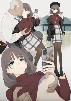  1boy 1girl absurdres age_difference bag belt beret blue_neckwear bored brown_hair cellphone clothes_lift commando_(movie) commentary earrings expressionless french_kiss grabbing_another's_breast green_eyes groping hat hetero highres jacket jewelry john_matrix kiss leather leather_jacket multitasking necktie old old_man original pantyhose phone saliva shitakirisuzu skirt smartphone smartphone_case sweater sweater_lift tongue tongue_out white_hair 