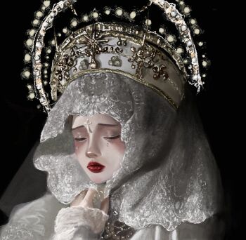  1girl black_background closed_eyes commentary cross crown english_commentary eyeshadow facing_viewer furrowed_brow grey_eyeshadow halo halo_behind_head hand_up lace lace_veil latin_cross lips lipstick makeup nose photo-referenced portrait raised_inner_eyebrows rava_miyagi realistic red_lips saint simple_background sleeves_past_wrists solo teardrop tears the_bible u_u veil virgin_mary white_crown white_halo white_veil 
