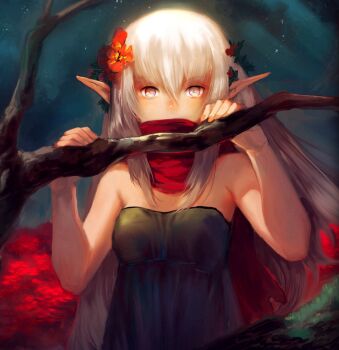  1girl bad_id bad_pixiv_id bare_shoulders branch elf female_focus flower hair_ornament highres long_hair marvella_aurelie original pink_eyes pointy_ears scarf solo 