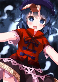  1girl :o black_ribbon black_skirt blue_eyes blue_hair blush breasts bright_pupils commentary_request cowboy_shot drooling dutch_angle from_below full_moon hat highres hitodama jiangshi looking_at_viewer medium_hair miyako_yoshika moon mouth_drool newsboy_cap night night_sky ofuda one-hour_drawing_challenge open_mouth outstretched_arms purple_hat red_shirt ribbon ruu_(tksymkw) shirt short_sleeves skirt sky small_breasts solo touhou zombie_pose 