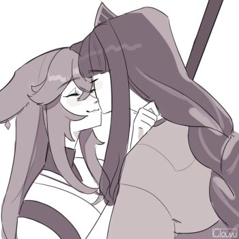  2girls animal_ears artist_name blunt_bangs blush closed_eyes closed_mouth clouvu commentary couple english_commentary fox_ears fox_girl genshin_impact hair_ornament highres hug incoming_kiss japanese_clothes kimono long_sleeves makoto_(genshin_impact) monochrome multiple_girls shade smug upper_body white_background yae_miko yuri 