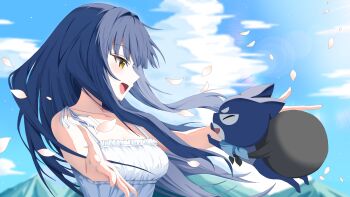  1girl :d absurdres aoba_nene blue_hair blue_sky character_request cloud commentary_request creature day dress falling_petals from_side gangzi_(vtuber) highres imminent_hug korean_commentary open_mouth outdoors outstretched_arms petals profile sky sleeveless sleeveless_dress smile spread_arms stellive upper_body virtual_youtuber white_dress yellow_eyes 