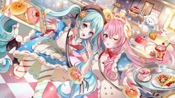  2girls apron aqua_eyes aqua_hair beret blue_eyes blush breasts brown_hat cake character-themed_food cleavage closed_mouth commentary_request cookie_hair_ornament cup donut food food-themed_hair_ornament frilled_apron frills fur-trimmed_sleeves fur_trim gelatin hair_between_eyes hair_ornament hat hatsune_miku highres holding holding_donut holding_food holding_tray ice_cream long_hair looking_at_viewer megurine_luka multiple_girls necktie official_alternate_costume official_alternate_hairstyle one_eye_closed pink_hair pink_necktie puffy_short_sleeves puffy_sleeves rabbit_yukine ramika_(ramika0606) short_sleeves solo strawberry_cake tea teacup tray twintails upper_body very_long_hair vocaloid white_apron wide_sleeves yuki_luka yuki_miku yuki_miku_(2026) 