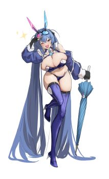  1girl ;3 absurdres alternate_costume azur_lane black_gloves blue_eyes blue_hair blue_shrug blush breasts cleavage closed_mouth closed_umbrella clothing_cutout detached_collar eyewear_on_head fingerless_gloves full_body gloves goggles goggles_on_head hair_between_eyes high_heels highres holding holding_umbrella kaba_(hama) large_breasts leg_up long_hair looking_at_viewer navel new_jersey_(azur_lane) new_jersey_(black_blur_prelude)_(azur_lane) official_alternate_costume one_eye_closed race_queen revealing_clothes salute shoulder_cutout shrug_(clothing) simple_background solo stomach thighhighs tinted_eyewear twintails umbrella very_long_hair white_background 