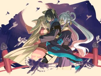  3girls animal_ears anjuro_zeeku bird black_hair blue_eyes blue_kimono cho_kaguya-hime! clothing_cutout colored_inner_hair commentary crying egasumi fox_ears fox_girl group_hug hair_rings highres hug iroha_(samurai_spirits) japanese_clothes kaguya_(cho_kaguya-hime!) kimono long_hair multicolored_hair multiple_girls off_shoulder pink_hair pink_kimono rabbit_ears rabbit_girl sakayori_iroha short_hair shoulder_cutout sidelocks twintails white_hair 