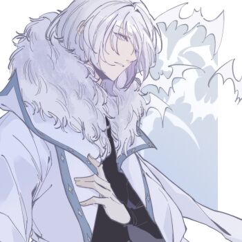  1boy bat_(animal) black_shirt blue_trim castlevania:_aria_of_sorrow castlevania_(series) coat fur_collar hair_over_one_eye highres kelland1986 lapels long_sleeves male_focus outside_border shirt short_hair solo soma_cruz trench_coat white_coat white_hair 