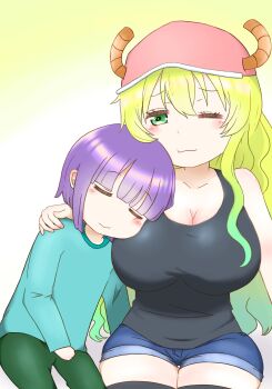  1boy 1girl absurdres age_difference baseball_cap blue_shirt blush breasts child closed_eyes green_eyes green_pants hat highres horns kobayashi-san_chi_no_maidragon large_breasts long_hair lucoa_(maidragon) magatsuchi_shouta multicolored_hair pants purple_hair shirt shorts sleeping smile thighhighs  rating:Sensitive score:17 user:Flamingo123