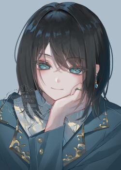  1boy absurdres androgynous bishounen black_hair blue_background blue_eyes blue_gem bob_cut commentary cropped_torso earrings gem gold_trim half-closed_eyes highres jewelry lapels light_smile long_hair looking_at_viewer male_focus notched_lapels nyaaamiii1182 original ribbon ring shirt upper_body watermark white_ribbon white_shirt 