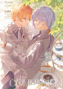  2boys aim_higher_and_higher!_(project_sekai) aoyagi_touya blue_eyes blue_hair braid buttons closed_mouth collared_shirt commentary commission cowboy_shot cupcake donut earrings eye_contact food funsai_seyo!_unvalentine_no_fukushuu_(project_sekai) gloves green_eyes hand_on_another's_back hands_up heart highres index_finger_raised jewelry lapels leaf long_hair long_sleeves looking_at_another low_ponytail macaron mole mole_under_eye multicolored_hair multiple_boys necktie notched_lapels official_alternate_costume official_alternate_hair_length official_alternate_hairstyle orange_hair orange_ribbon ponytail project_sekai ribbon shinonome_akito shirt slc_yh smile sweets two-tone_hair watermark white_gloves yaoi 