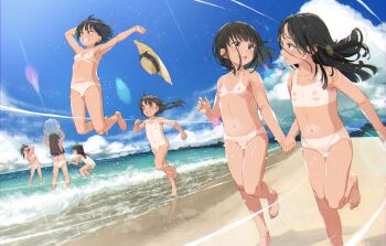  6+girls :d absurdres arms_up ball barefoot beach beachball bikini_tan black_hair blue_sky blush breasts brown_headwear censored closed_eyes cloud commentary_request completely_nude convenient_censoring day female_focus full_body gomennasai grin hat unworn_hat unworn_headwear highres holding holding_ball holding_hands horizon huge_filesize jumping loli long_hair multiple_girls navel nude ocean one-piece_tan open_mouth original outdoors running sand sky small_breasts smile standing tan tanline transparent water  rating:Questionable score:170 user:danbooru