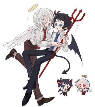  2boys :d akinashi_haru angel_and_devil angel_wings belt black_hair black_pants black_socks blue_eyes blue_necktie blush brown_pants brown_shoes chibi chibi_inset closed_eyes collared_shirt commentary_request demon_horns demon_tail diagonal-striped_clothes diagonal-striped_necktie dress_shirt feathered_wings formal_clothes full_body halo hand_on_another's_shoulder holding holding_hands holding_polearm holding_weapon horns leaning_forward leg_up male_focus multiple_boys necktie open_mouth osakanadream oxfords pants polearm red_horns red_necktie ribbed_socks saihate_eki shirt shoes smile socks striped_clothes tail tatsunami_shion trident weapon white_hair white_shirt white_socks white_wings wings 