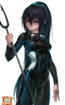 1girl absurdres animal aqua_eyes bident black_hair bodysuit breasts closed_mouth commentary_request covered_navel cowboy_shot diving_suit fang fang_out ganaha_hibiki goggles goggles_around_neck hair_between_eyes hamster hamuzou highres hold111 holding holding_polearm holding_weapon idolmaster idolmaster_(classic) korean_commentary long_hair medium_breasts polearm ponytail simple_background skin_tight solo standing swim_goggles weapon wet wet_hair wetsuit white_background 