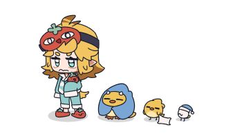 1girl absurdres alternate_costume aqua_pajamas bags_under_eyes blanket blonde_hair blue_eyes chibi closed_mouth commentary dokibird dragoon_(dokibird) english_commentary frown full_body highres indie_virtual_youtuber itsjustfrel medium_hair pajamas pillow pointy_ears red_slippers shadow sleep_mask slippers standing virtual_youtuber