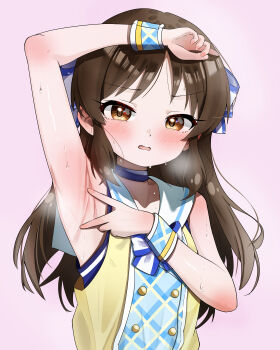 1girl :o absurdres arm_up armpit_focus armpits blue_choker blush brown_hair buttons choker commentary_request double-breasted fella_(vpffk0731) highres idolmaster idolmaster_cinderella_girls long_hair looking_at_viewer official_alternate_costume presenting_armpit sailor_collar shirt simple_background sleeveless sleeveless_shirt solo spread_armpit steam straight_hair sweat tachibana_arisu upper_body white_sailor_collar rating:Sensitive score:60 user:danbooru