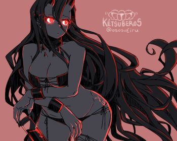  1girl abyssal_ship ass battleship_princess battleship_summer_princess bikini breasts cleavage closed_mouth colored_skin eyepatch_bikini glowing glowing_eyes hair_between_eyes holding horns kantai_collection large_breasts long_hair oso_(toolate) red_theme side-tie_bikini_bottom simple_background solo swimsuit thigh_strap twitter_username very_long_hair 