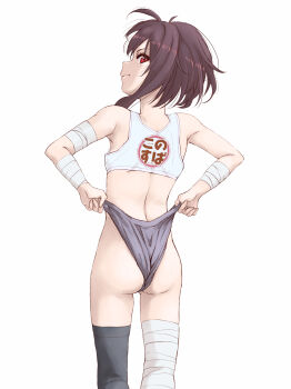  1girl ass asymmetrical_legwear back bandaged_arm bandaged_leg bandages black_panties black_thighhighs breasts brown_hair closed_mouth copyright_logo crop_top flat_ass from_behind highres kono_subarashii_sekai_ni_shukufuku_wo! lifting_own_clothes logo loli looking_at_viewer looking_back marutaya megumin mismatched_legwear panties panty_lift red_eyes revision self_wedgie short_hair_with_long_locks simple_background small_breasts solo standing thighhighs underwear wedgie white_background 