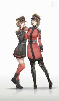  2girls absurdres brown_hair doner_kebab doner_sandwich eating exoskeleton gloves green_eyes hat highres kofecs military_hat military_uniform multiple_girls red_eyes red_gloves short_hair standing white_background 