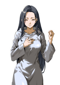  1girl absurdres arm_up black_hair breasts character_request check_character closed_mouth commentary_request dress eyelashes grey_dress hand_on_own_chest highres hooded_dress large_breasts long_hair looking_at_viewer macossa orange_eyes shin_megami_tensei shin_megami_tensei_i simple_background smile solo standing straight-on very_long_hair white_background yuka_(megami_tensei) 