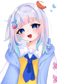  1girl blue_eyes blue_jacket blue_neckerchief blush commentary_request gawr_gura grey_hair hair_ornament haro_(1026_86) highres hololive hololive_english jacket long_hair looking_at_viewer multicolored_hair neckerchief open_clothes open_jacket open_mouth rabbit_hair_ornament sailor_collar school_uniform sharp_teeth simple_background smile solo streaked_hair sweater teeth upper_body virtual_youtuber white_background white_sailor_collar yellow_sweater 