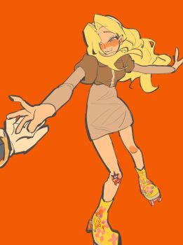  blonde_hair blush bow breasts cropped_jacket dress full_body gloves hairband highres holding_hands long_hair maria_robotnik medium_breasts outstretched_arms parted_bangs parted_lips puffy_short_sleeves puffy_sleeves red_bow roller_skates shadow_the_hedgehog short_dress short_sleeves skates sketch smile sonic_(series) sticker_on_leg vafourstar white_gloves white_hairband 