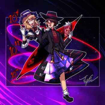  2girls absurdres alternate_costume bespectacled black_hat black_shoes black_skirt blonde_hair book bow bowtie brown_hair closed_eyes collared_shirt commentary constellation_print disembodied_eye english_commentary full_body gap_(touhou) glasses gloves hair_tubes hand_on_another's_shoulder hat hat_bow highres holding holding_book jacket jongk_ok leg_up long_hair long_sleeves magical_astronomy maribel_hearn multiple_girls open_mouth orbital_path parody_cover purple_hat red_bow red_bowtie red_shirt shirt shirt_tucked_in shoes short_hair single_hair_tube skirt smile star_(sky) string string_of_fate suit_jacket tabard teeth touhou upper_teeth_only usami_renko waist_bow white_gloves white_shirt 