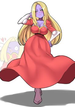  1girl arm_guards black_sclera blonde_hair breasts choker cleavage colored_sclera colored_skin creature_and_personification crossed_legs curvy dress full_body gen_1_pokemon hand_in_own_hair hand_on_own_hip hand_up heart highres humanization juliet_sleeves jynx large_breasts light_blush long_dress long_hair long_sleeves looking_at_viewer low_neckline narrow_waist nintendo one_eye_closed pero_(pero7762) personification pink_lips pokemon pokemon_(creature) puffy_sleeves purple_skin red_choker red_dress solo watson_cross white_background white_eyes wide_hips  rating:Sensitive score:10 user:danbooru
